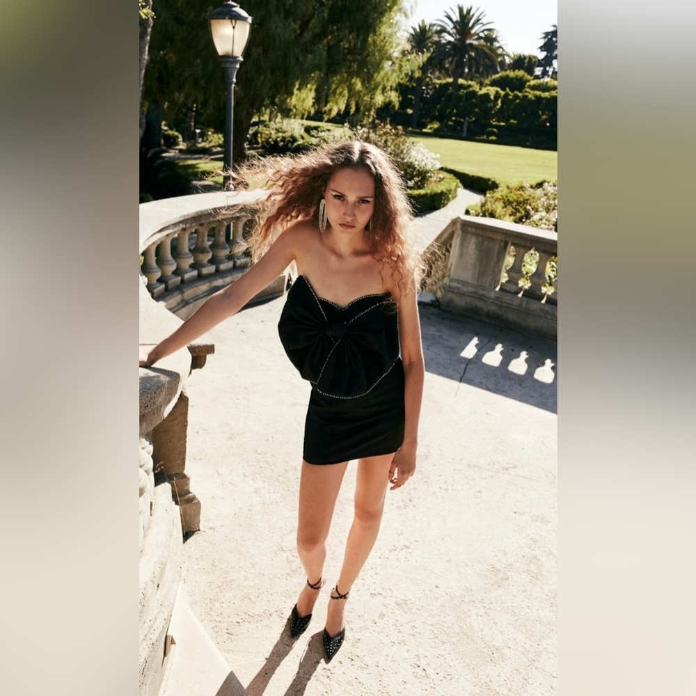 NWT FOR LOVE & LEMONS CELESTE MOIRE BLACK BOW STRAPLESS MINI DRESS SIZE M